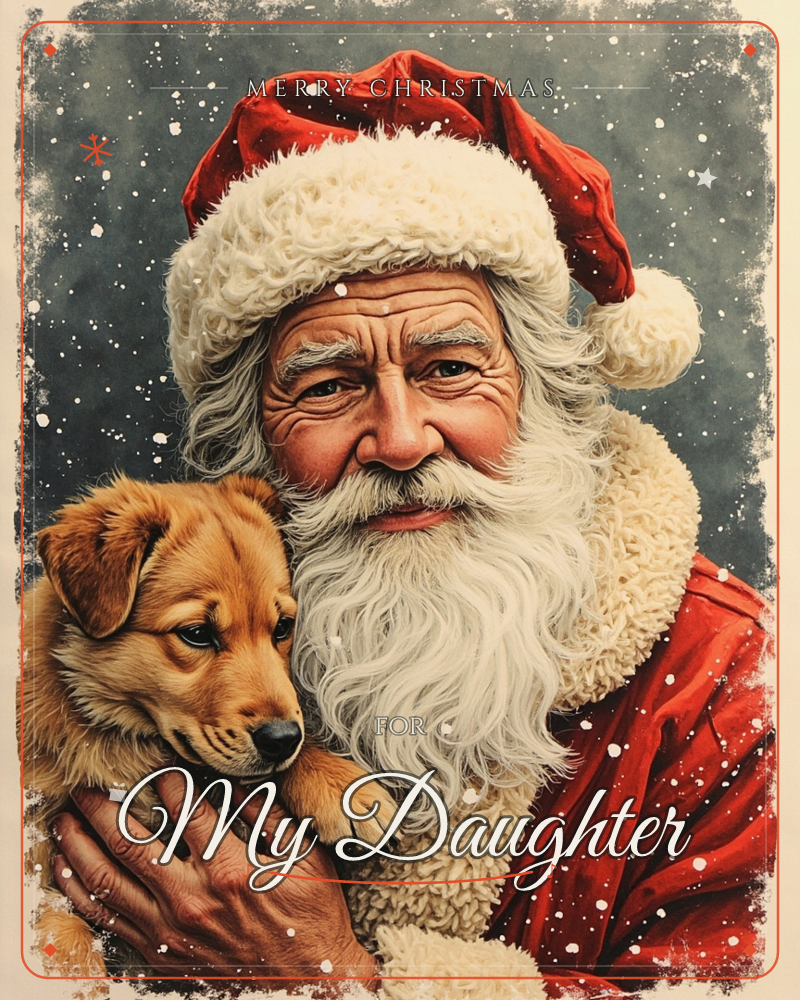 Santa Claus cradles a golden puppy against his red velvet coat, his white beard resting near its soft fur, a christmas e-card design