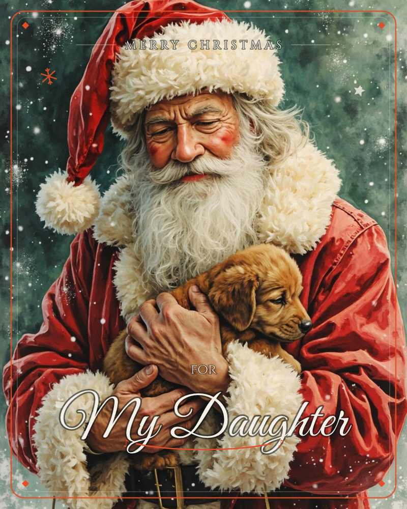 Santa Claus, in his fur-trimmed red coat and cap, cradles a golden puppy close to his chest against a dark, snow-flecked green background, a christmas e-card design