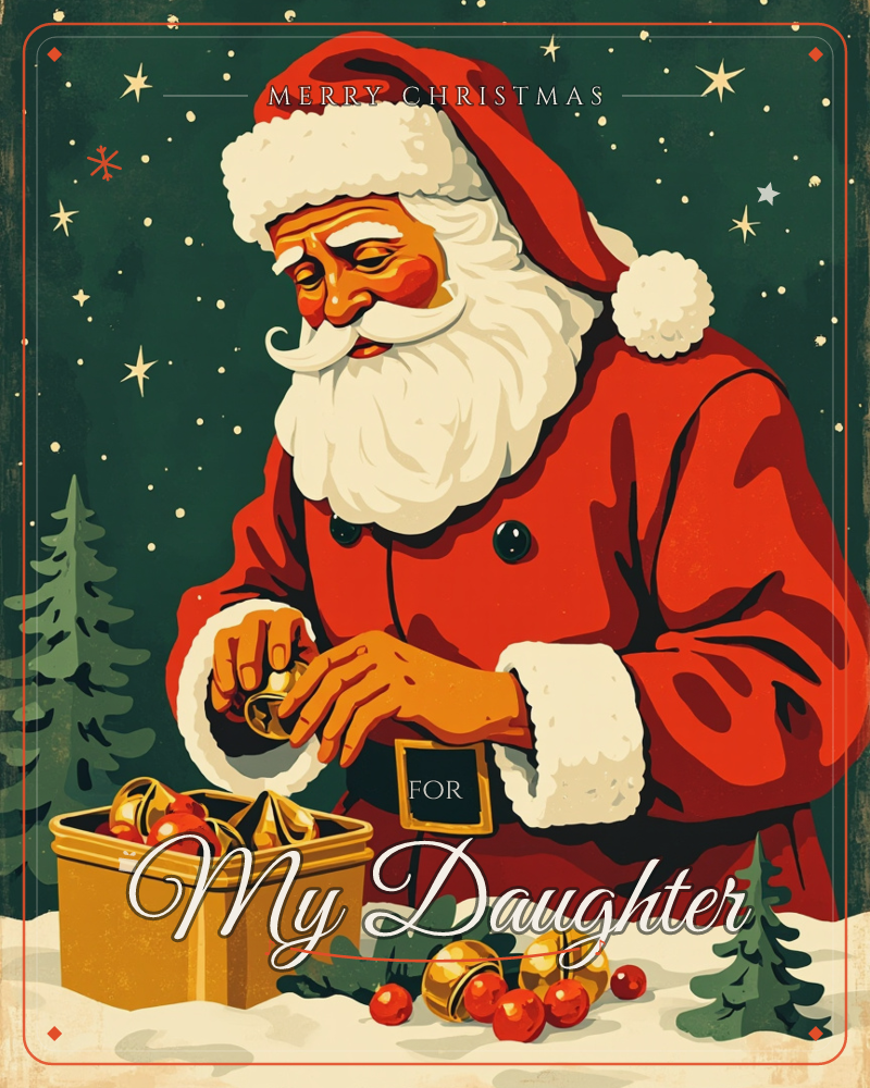 Santa Claus stands against a deep green, star-scattered night sky, carefully lifting a golden ornament from a wooden crate at his feet, a christmas e-card design