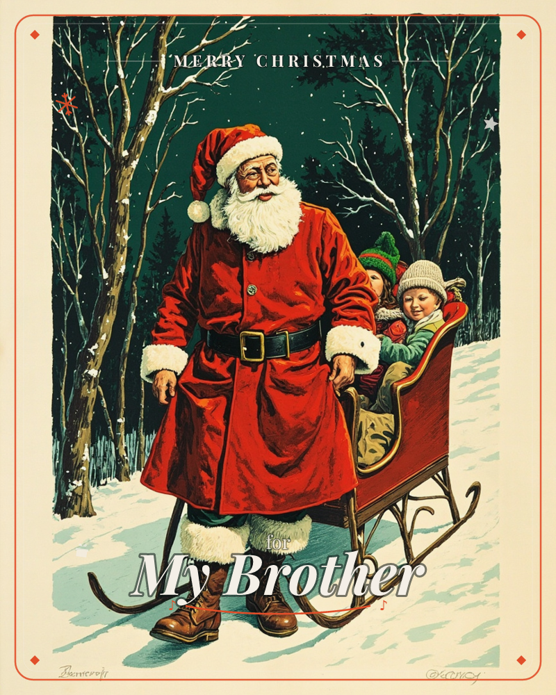 Santa Claus stands in deep snow pulling a red sleigh carrying two bundled children, set against a dark teal night sky and bare, snow-dusted birch trees, a christmas e-card design