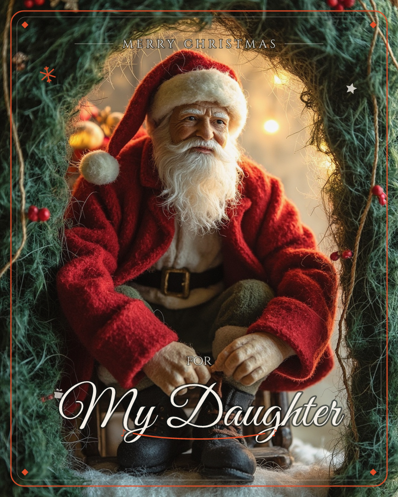 A figure of Santa Claus sits framed inside an archway of woven evergreen branches dotted with red berries, calmly lacing up his sturdy boots, a christmas e-card design