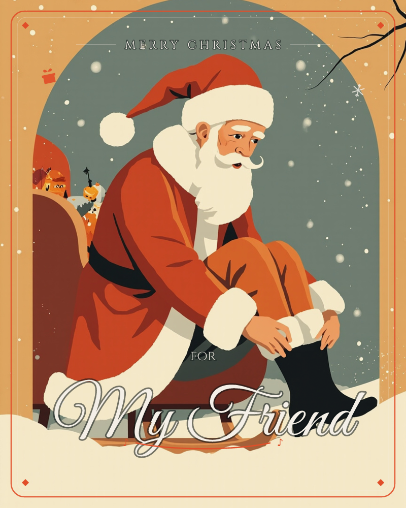 A weary Santa Claus sits perched on his sled inside a stone archway, pulling on his black boot as snow drifts down behind him, a christmas e-card design