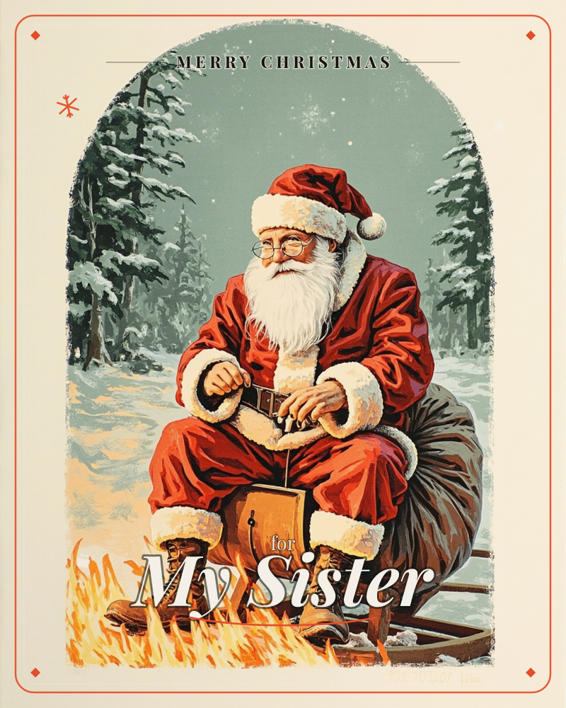 Santa Claus sits on a wooden sled in a snowy pine forest, warming his boots by a small crackling fire while his sack of gifts leans against him, a christmas e-card design