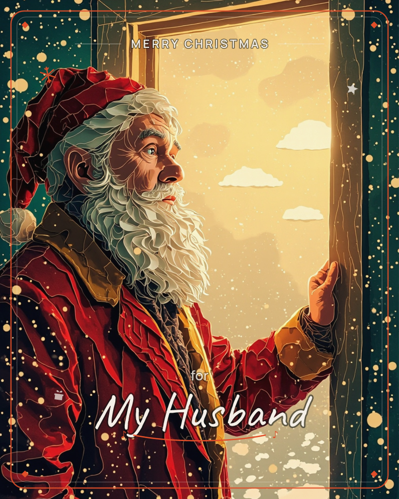 Santa stands in profile at an open doorway, gazing out at a glowing golden sky dotted with soft clouds, a christmas e-card design