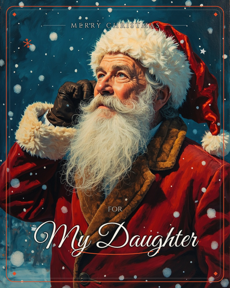 A painted portrait of Santa Claus in a red fur-trimmed coat and cap, gazing upward as snow drifts through a deep blue night sky, a christmas e-card design