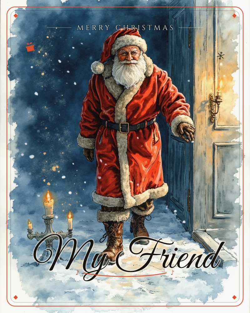 Santa Claus steps through an open blue door into a snowy night, his red fur-trimmed coat glowing against the dark, a christmas e-card design
