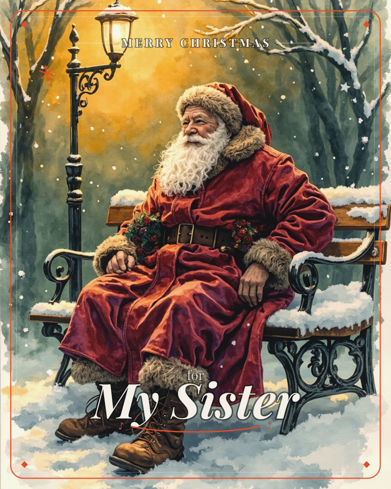 Santa Claus rests on a wrought-iron park bench beneath a glowing lamppost, snow settling on his fur-trimmed red coat and boots, a christmas e-card design