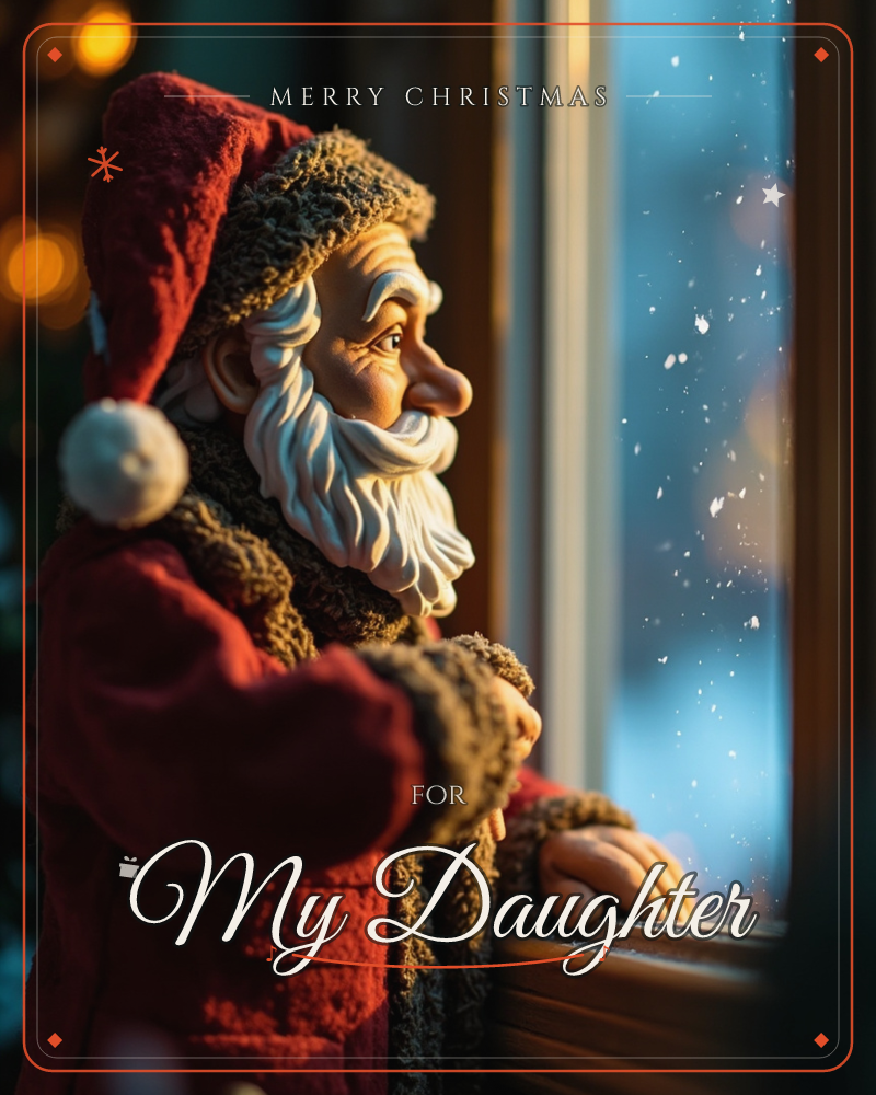 A carved Santa figurine in a deep red robe with fur-trimmed cuffs leans on a windowsill, gazing out at snow falling in the blue evening light, a christmas e-card design