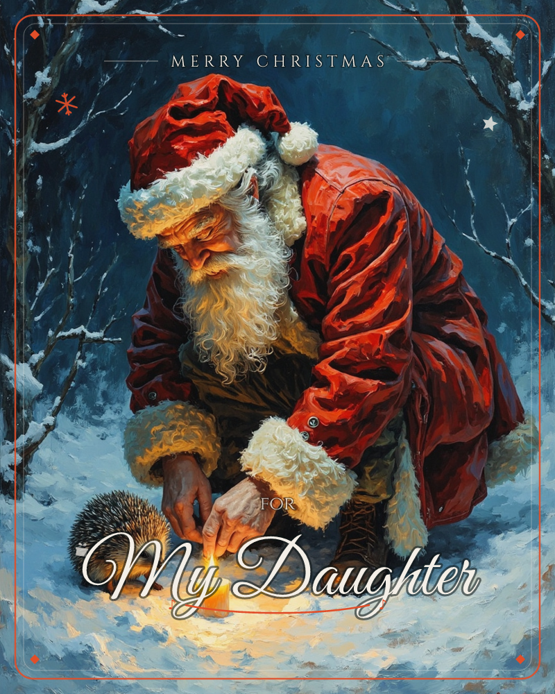 Santa kneels in a snowy, moonlit thicket of bare branches, cupping his hand near a small lit candle on the ground beside a hedgehog, a christmas e-card design