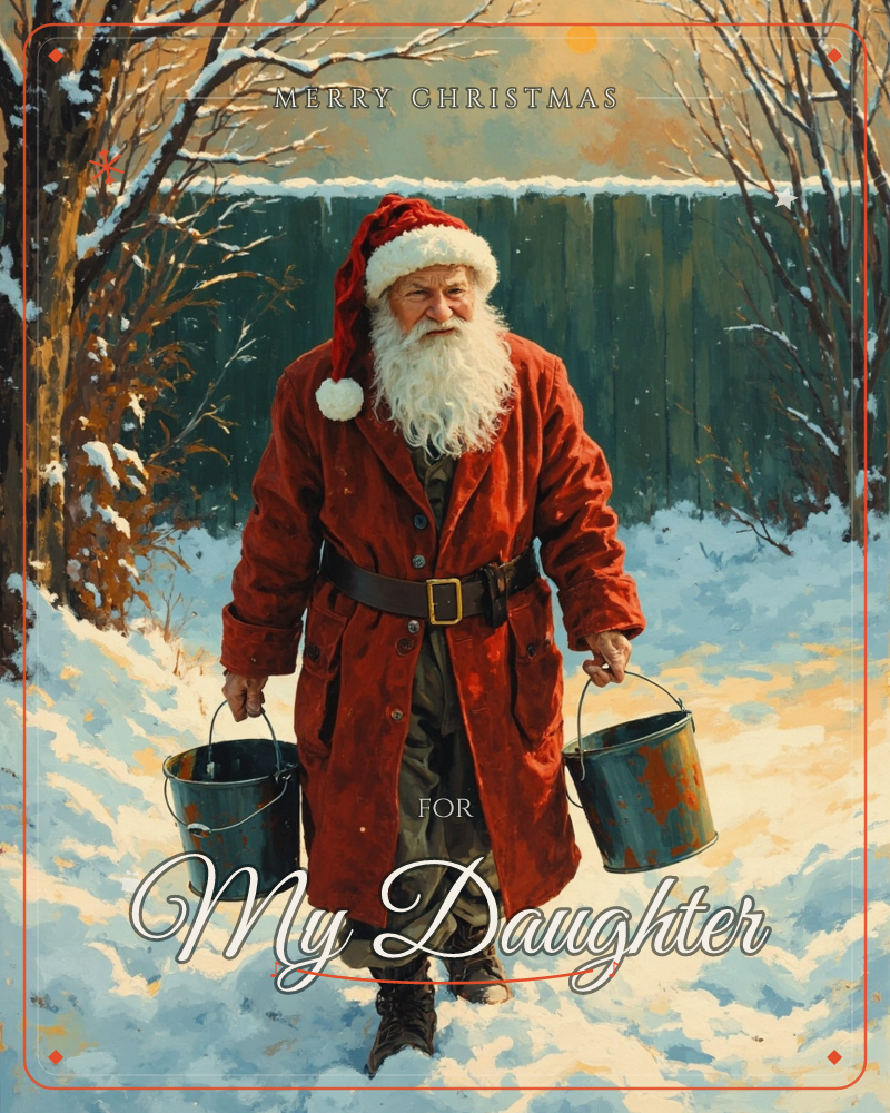 Santa trudges through a snowy backyard carrying two dented metal buckets, his long white beard and red coat catching the glow of a pale winter sun over…, a christmas e-card design
