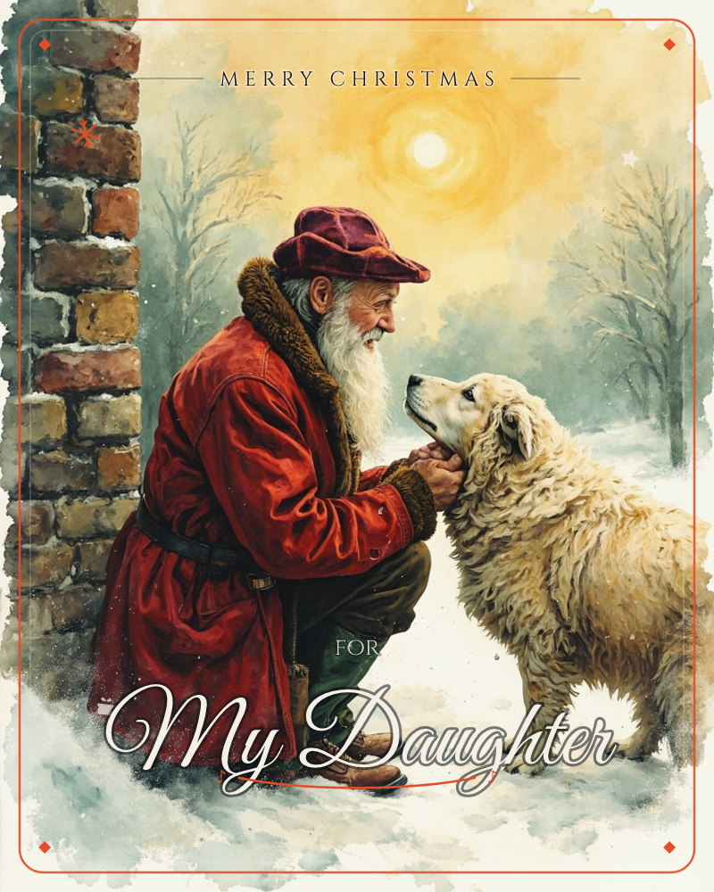 An elderly man in a red fur-trimmed coat and burgundy cap kneels beside a brick wall in the snow, gently cupping the face of a shaggy cream-coloured dog, a christmas e-card design