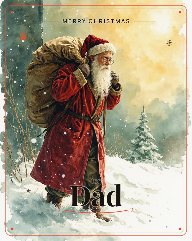 A white-bearded man in a long red velvet coat trudges through deep snow, a heavy tan sack slung over one shoulder, a christmas e-card design