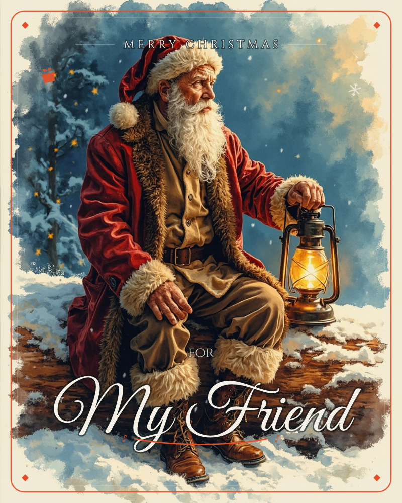 A weathered man in a red fur-trimmed coat and cap sits on a snow-covered log, holding a glowing lantern and gazing off into the distance, a christmas e-card design
