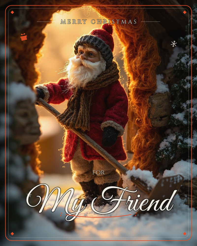 A miniature Santa figure stands in a snowy stone archway, gripping a small shovel as warm golden light spills out from the doorway behind him, a christmas e-card design