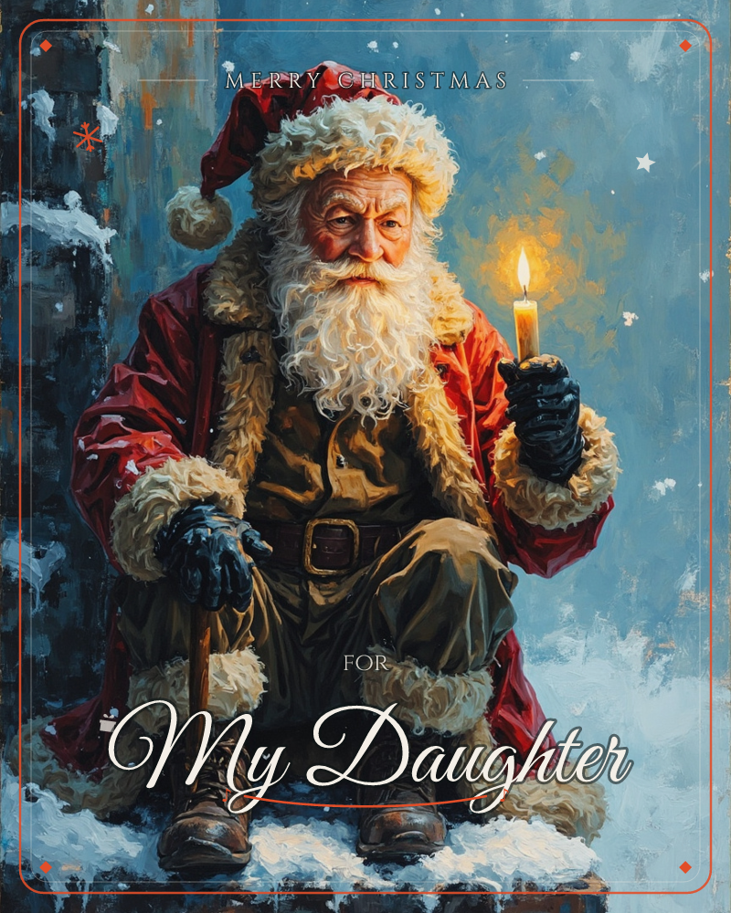 Santa Claus sits perched on a snowy stone ledge, holding a single lit candle that glows against the deep blue winter night, a christmas e-card design