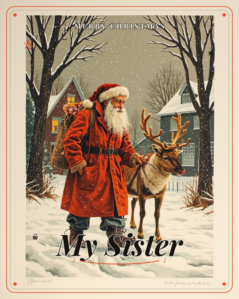 Santa Claus walks through a snow-dusted village street, leading an antlered reindeer by a rope halter, a sack of toys slung over his shoulder, a christmas e-card design