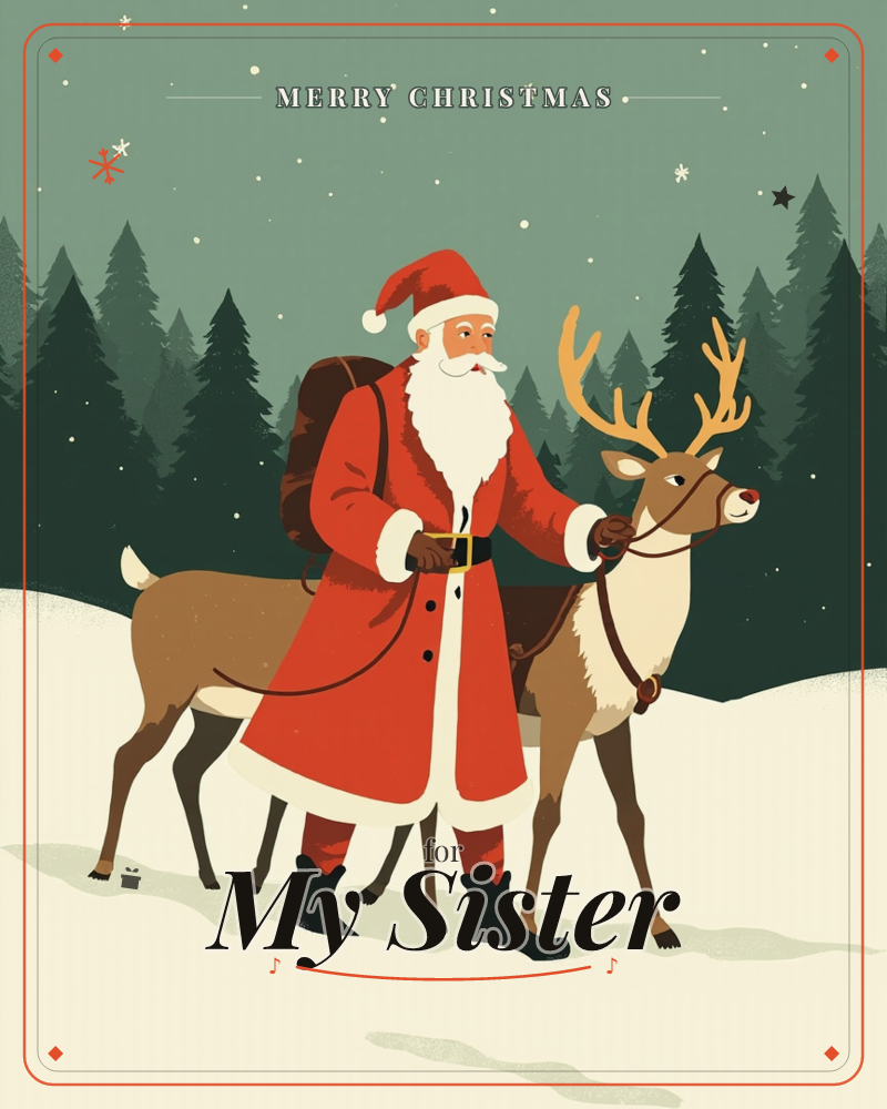 Santa stands in a snowy pine forest at dusk, leading a reindeer by its harness while a pack rests on his back, a christmas e-card design