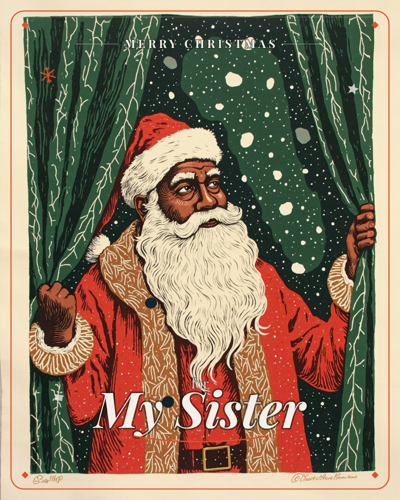 Santa Claus stands centre stage, pulling open a pair of heavy green curtains to reveal a snow-flecked night sky behind him, a christmas e-card design