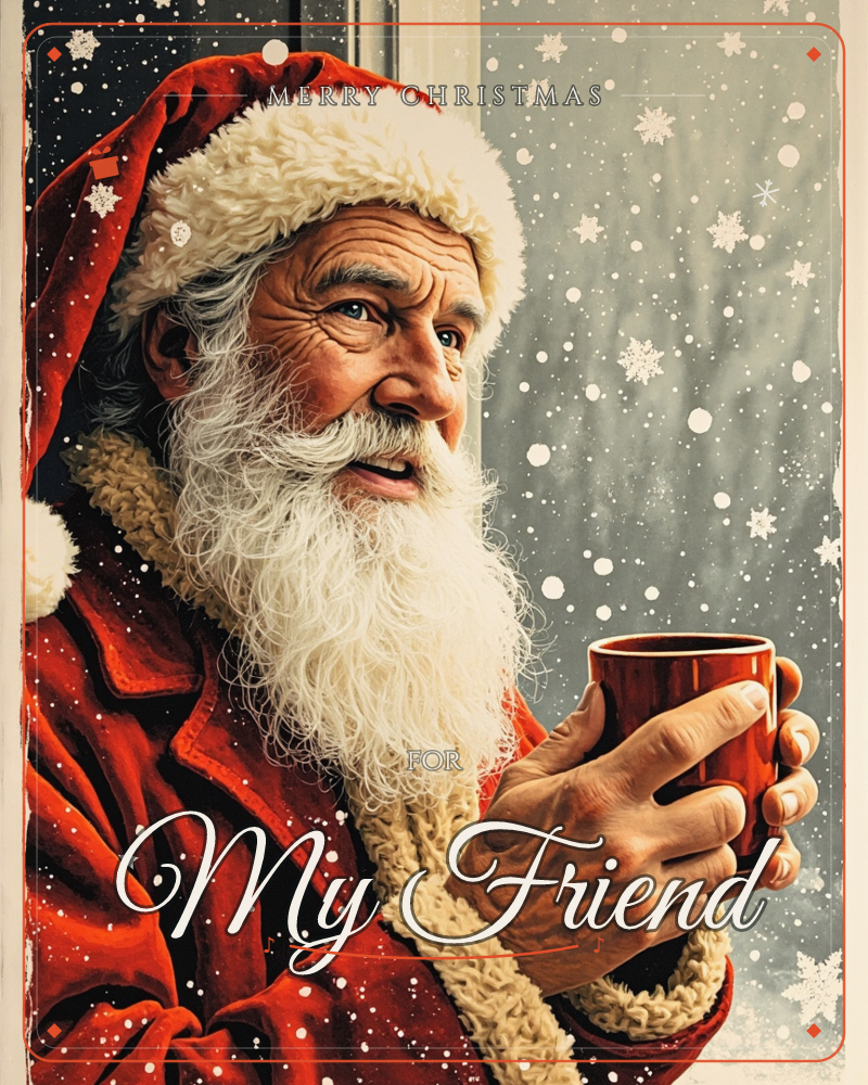 A close-up portrait of Santa Claus in his red fur-trimmed coat and hat, holding a red mug and gazing out through a snowy window as flakes drift past…, a christmas e-card design