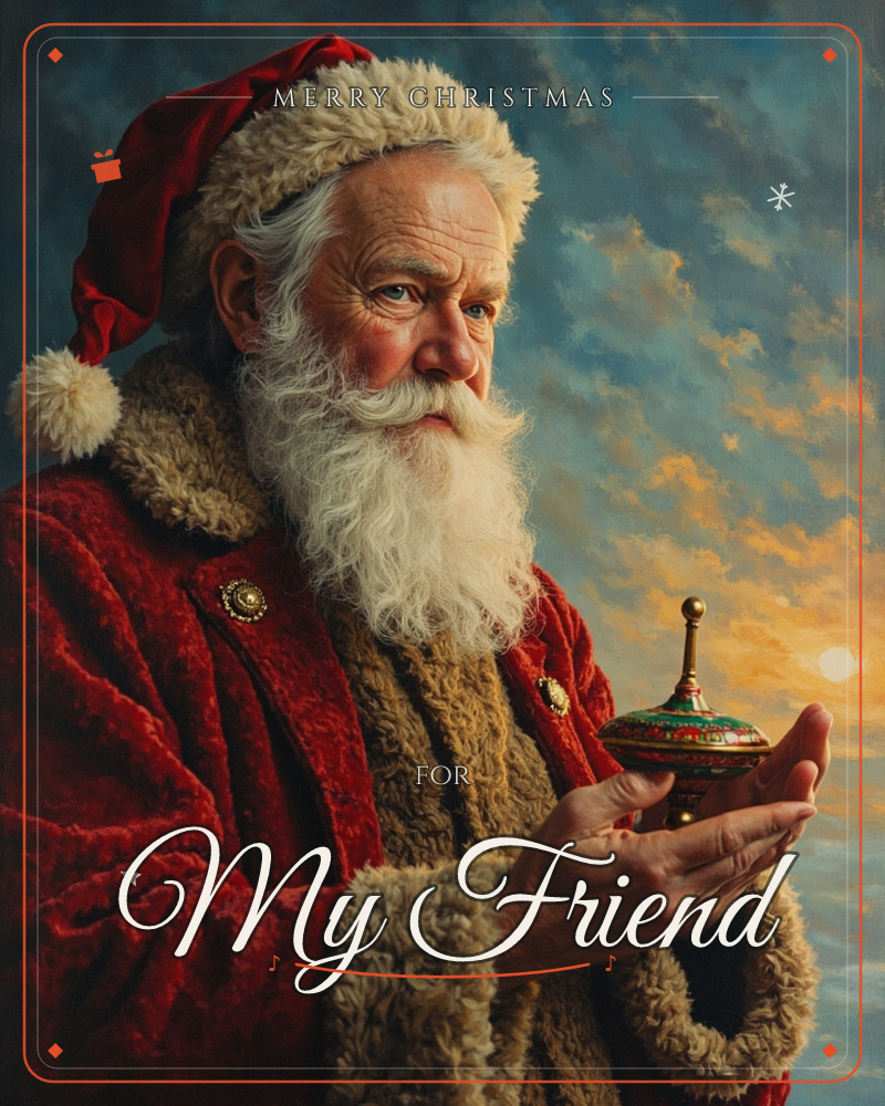 A painted portrait of Santa Claus in a plush red coat trimmed with cream fur, gazing thoughtfully off to the side as he holds a small ornate trinket…, a christmas e-card design