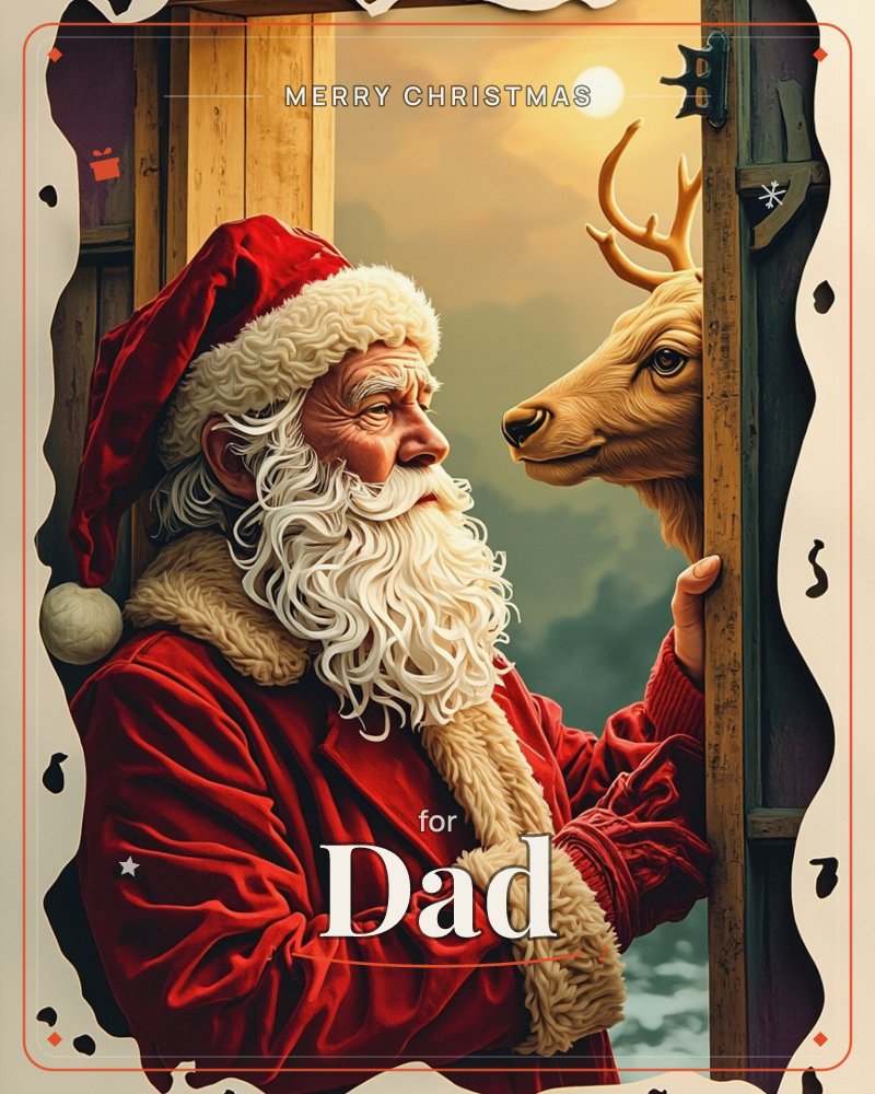 Santa Claus stands framed in an open wooden doorway, face to face with a reindeer whose antlers rise just inside the frame, a christmas e-card design