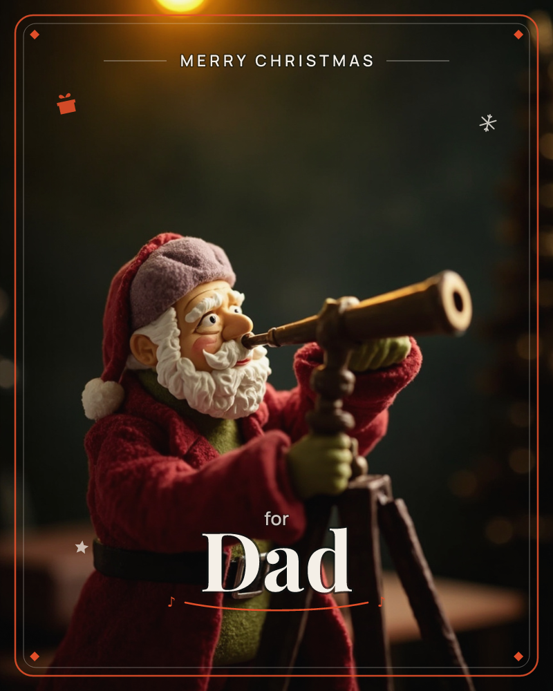 A figurine of Santa in a plush red coat peers through an old brass telescope mounted on a wooden tripod, one glowing light overhead like a distant star, a christmas e-card design