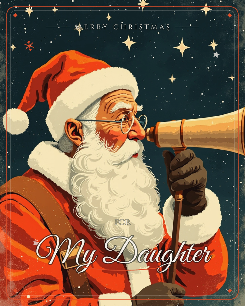 Santa Claus, in his red coat and fur-trimmed hat, peers through a brass telescope against a deep midnight-blue sky scattered with star-shaped points of…, a christmas e-card design