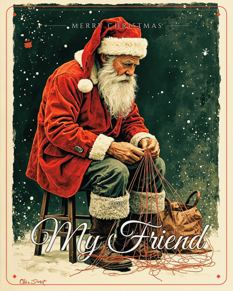 Santa sits on a small wooden stool against a deep pine-green, star-flecked night sky, carefully gathering a tangle of red thread or cord in his hands…, a christmas e-card design