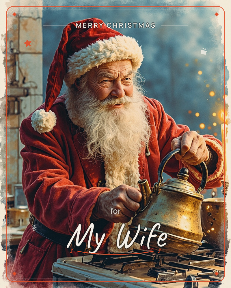 Santa Claus stands at an old gas stove, gripping a battered brass kettle by its handle as steam and candlelight glow warmly against a dusky blue backdrop, a christmas e-card design