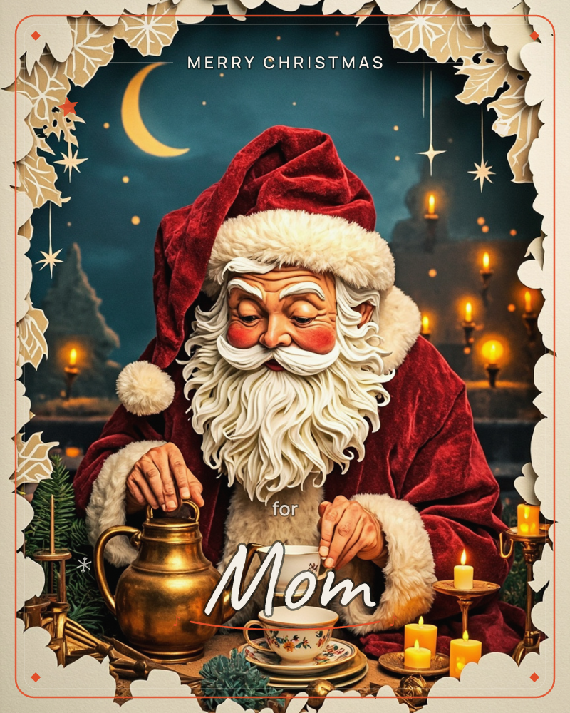 Santa Claus leans over a small table, pouring from a brass kettle into a floral teacup by candlelight, his velvet coat and thick white beard catching…, a christmas e-card design