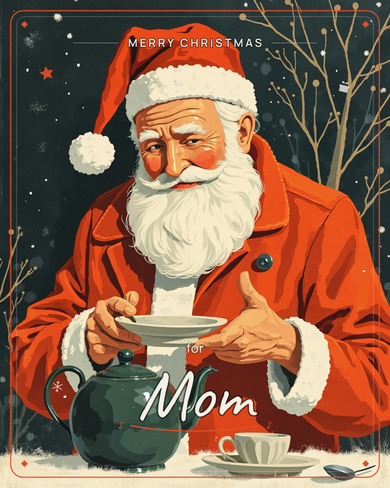 Santa Claus pauses mid-sip, holding a saucer and giving a thumbs up beside a dark green teapot and striped teacup set out on a snowy surface, a christmas e-card design