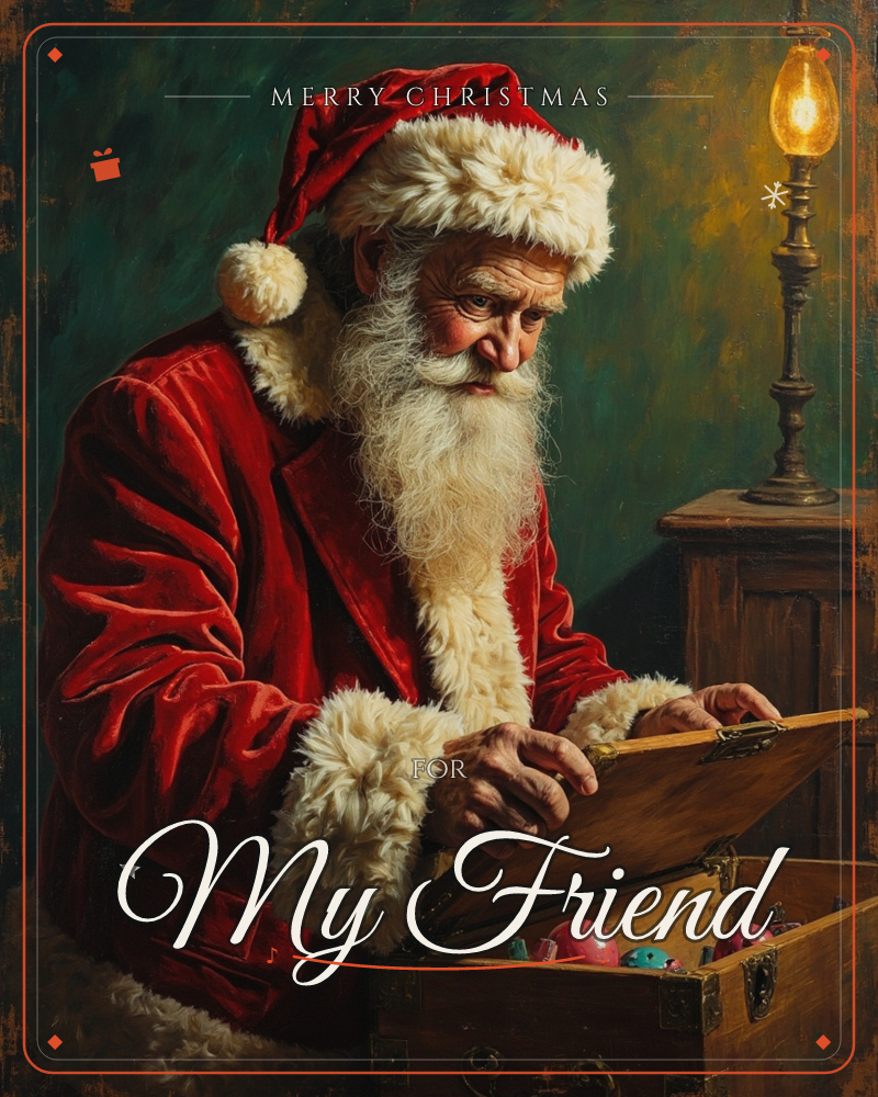 A painterly portrait of Santa in his red velvet coat and fur-trimmed hat, bent over an old wooden trunk as he lifts its lid to reveal ornaments tucked…, a christmas e-card design