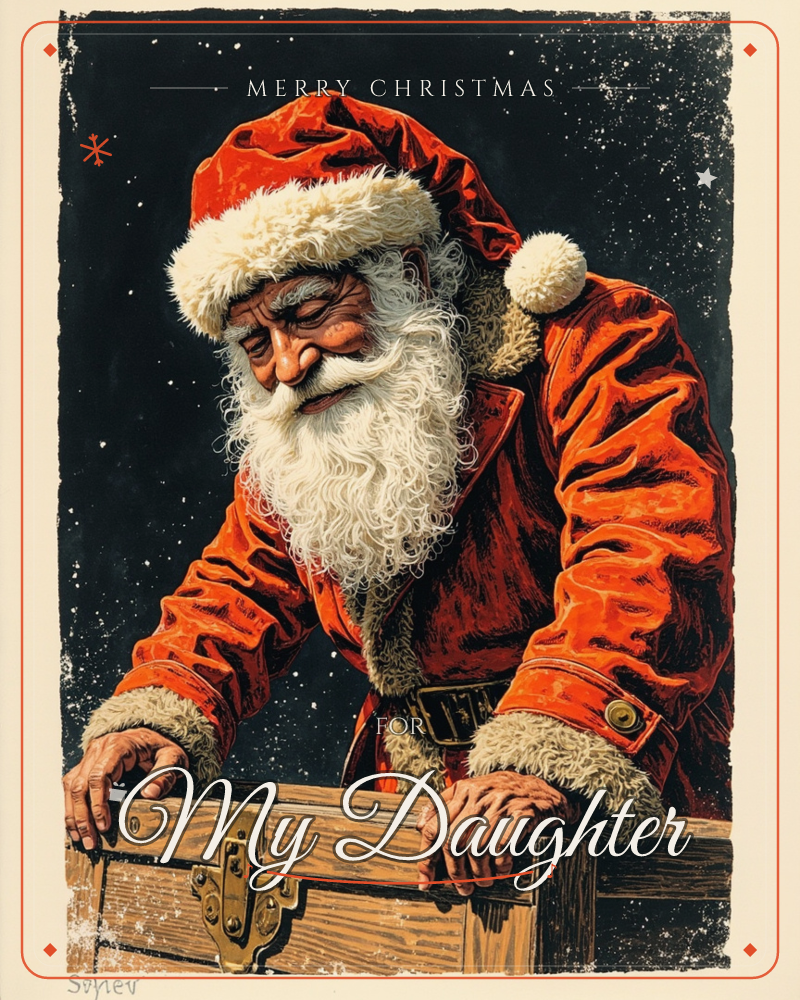 Santa Claus leans over an open wooden trunk with a brass latch, his fur-trimmed red coat rendered in bold woodcut-style strokes against a night sky…, a christmas e-card design