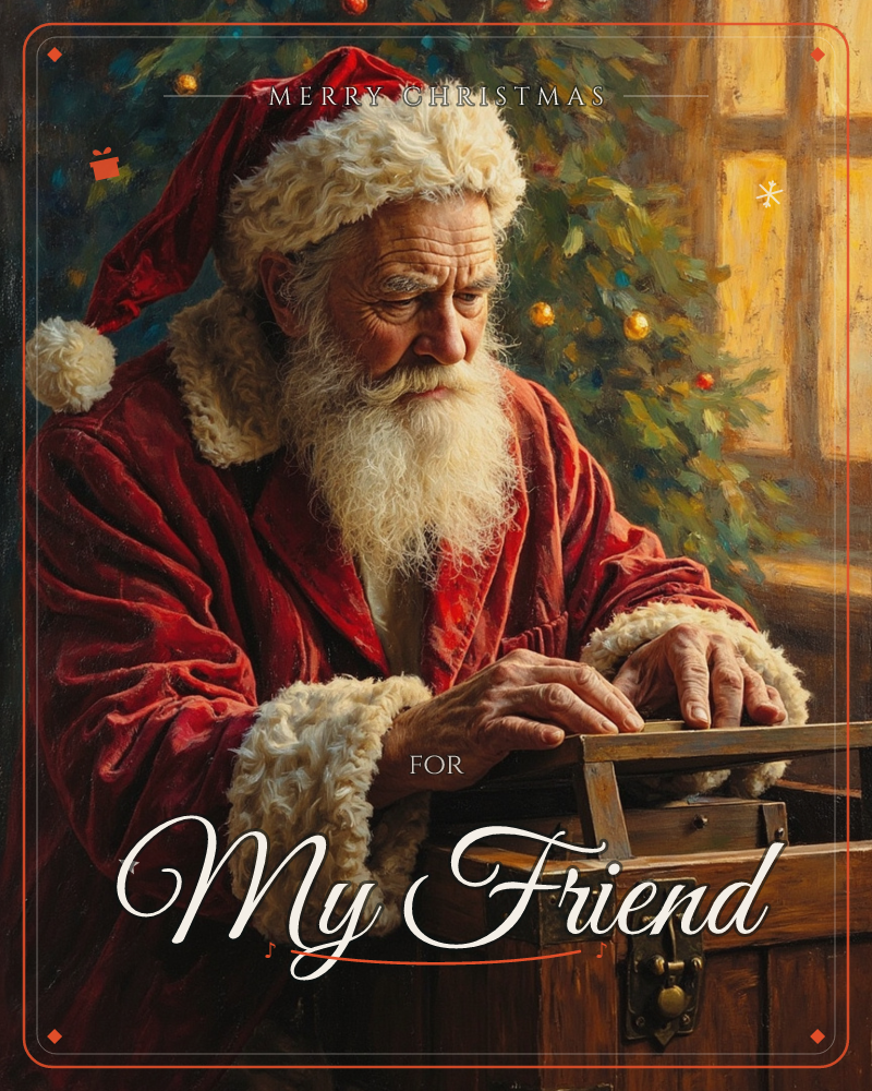 Santa Claus leans over an old wooden trunk, carefully fastening its lid, his weathered face lit by warm window light and the glow of a decorated tree…, a christmas e-card design