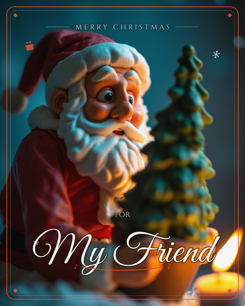 A close-up figurine of Santa Claus leans toward a small potted evergreen tree, his painted eyes wide with wonder as candlelight flickers below, a christmas e-card design