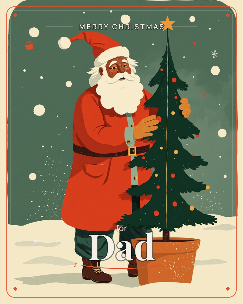 A stylized illustration shows a man dressed as Santa Claus standing beside a small potted Christmas tree topped with a gold star, snow falling gently…, a christmas e-card design