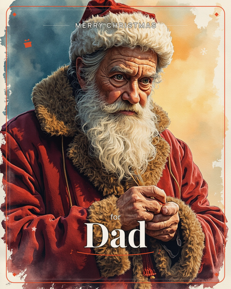 A weathered Santa Claus figure stares out with a serious, thoughtful expression, his lined face and pale eyes framed by a thick white beard and…, a christmas e-card design