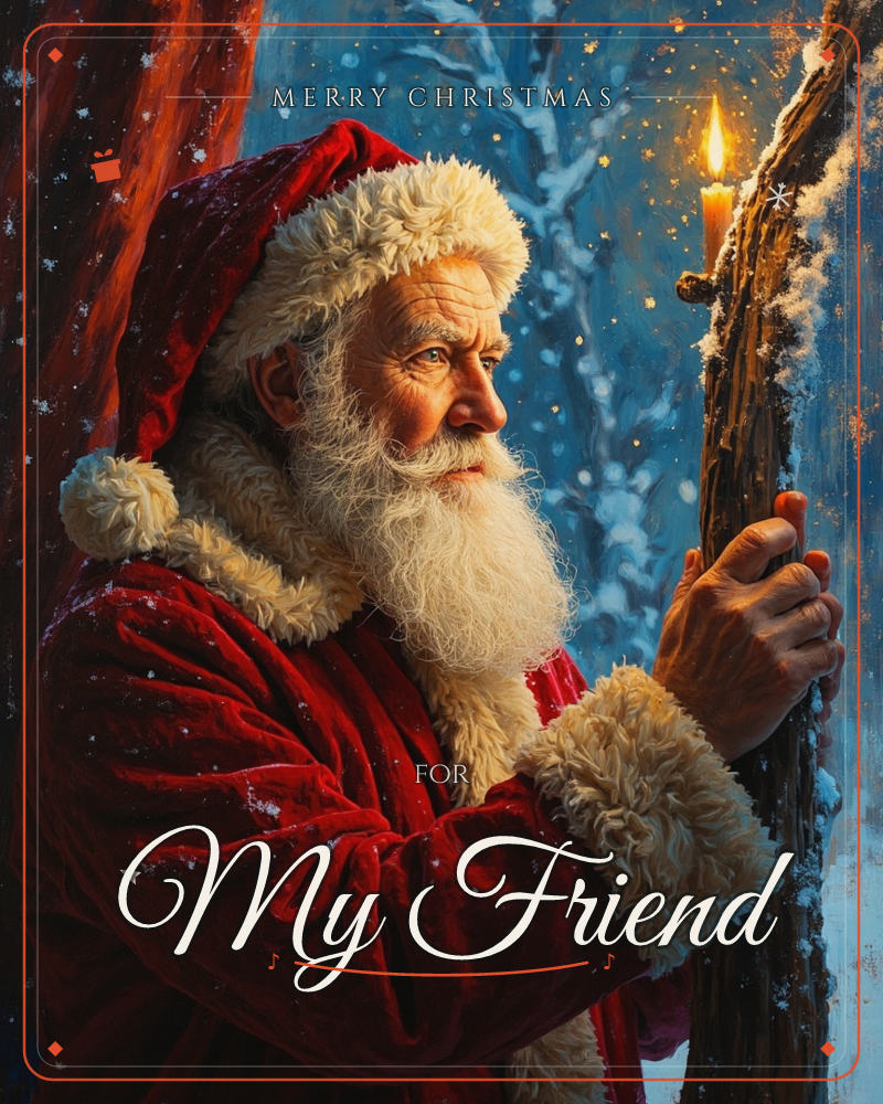 A close-up portrait shows a white-bearded man in a red fur-trimmed coat and hat, holding a candle-topped wooden staff and gazing into a snowy blue…, a christmas e-card design