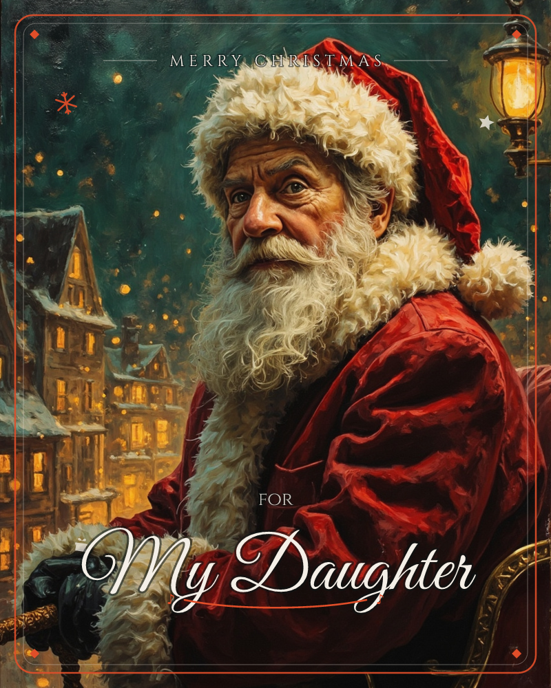 A weathered, kindly Santa Claus in a fur-trimmed red coat sits beneath a glowing lamppost, gazing out over a snow-dusted village of lit windows and…, a christmas e-card design