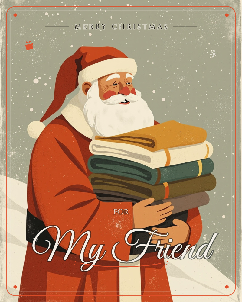 Santa stands against a muted olive-grey backdrop dotted with falling snow, cradling a stacked bundle of folded blankets in warm mustard, cream, forest…, a christmas e-card design