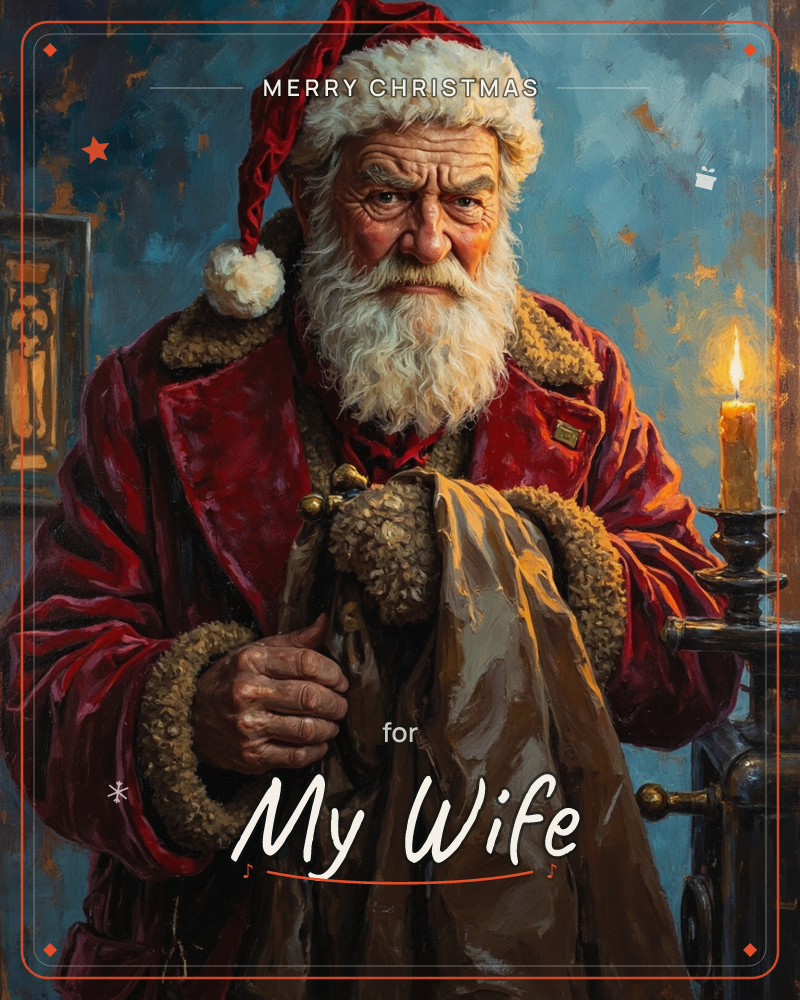 An oil painting of a weathered old man in a fur-trimmed red coat and cap, gripping a heavy sack in a dim, candlelit room, a christmas e-card design