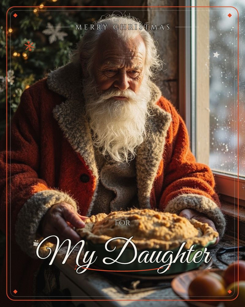 A weathered old man with a long white beard and a red fur-trimmed coat sets a freshly baked pie on a windowsill, steam still rising from its golden crust, a christmas e-card design
