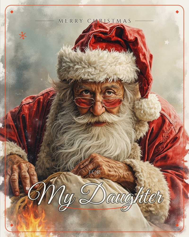 A close, painterly portrait of Santa Claus in his red velvet coat and fur-trimmed cap, round spectacles catching the light as he leans over a full sack…, a christmas e-card design