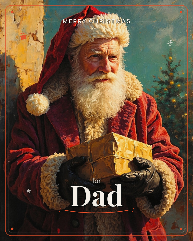 A weathered, kindly-faced man in a fur-trimmed red coat and cap stands beside a pale birch tree, holding a gold-wrapped present in black gloved hands, a christmas e-card design