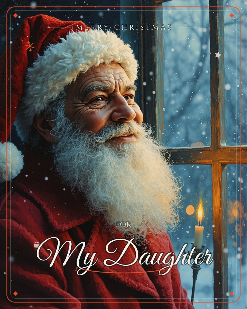 A man in a red Santa coat and fur-trimmed cap gazes out through a paned window at falling snow, a lit candle flickering on the sill beside him, a christmas e-card design