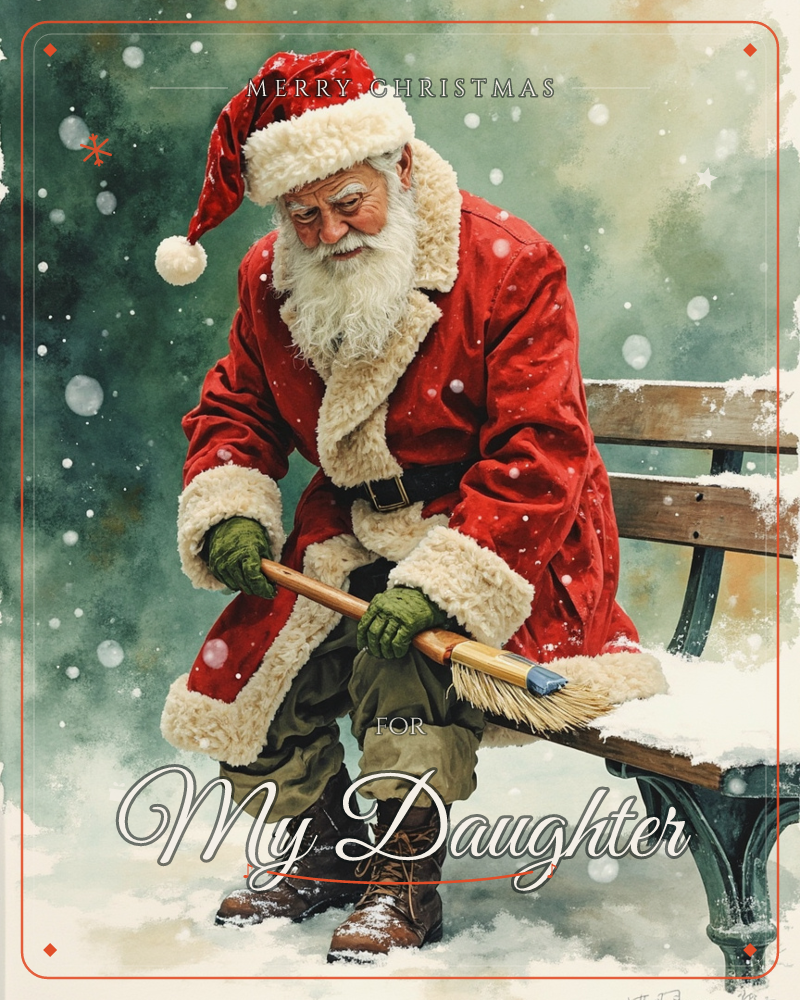 Santa Claus is shown mid-task, bending down to brush fresh snow off a wooden park bench with a small hand broom, a christmas e-card design