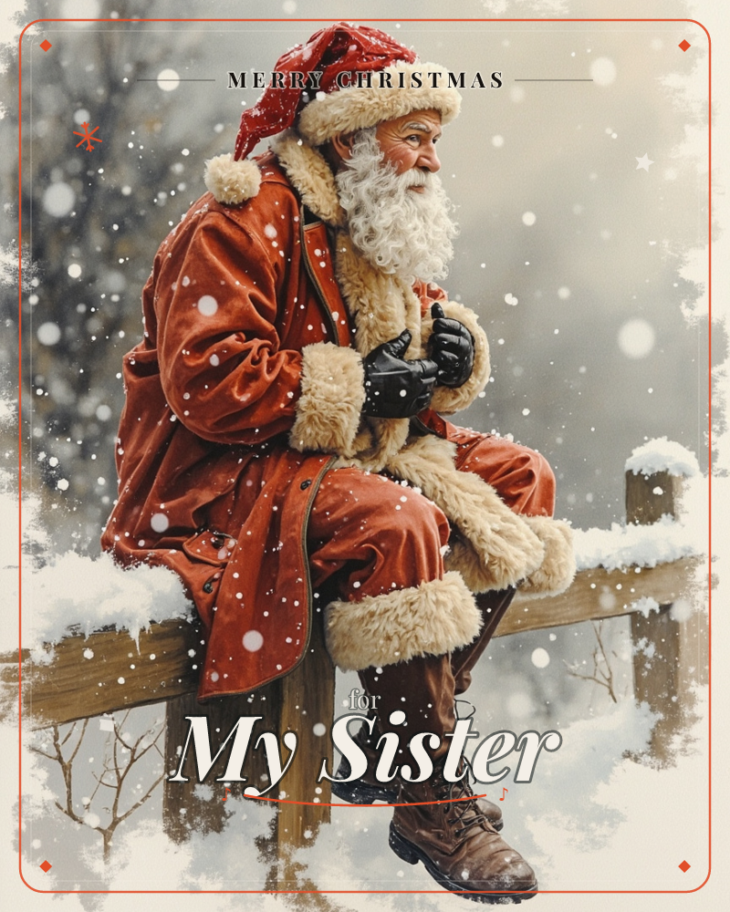 Santa sits perched on a snow-topped wooden fence rail, wrapped in a faded red velvet coat with cream fur trim, his weathered leather boots dangling, a christmas e-card design