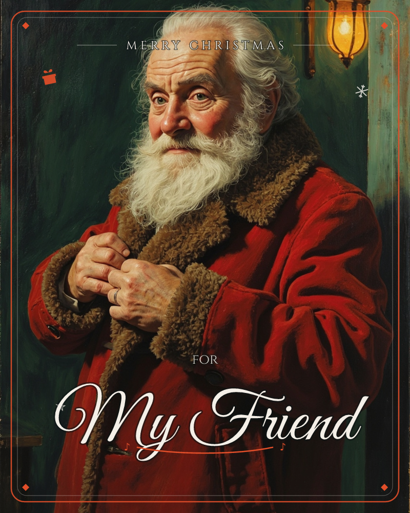 A white-bearded man in a red fur-trimmed coat stands against a dark green wall, warmly lit by an old lantern hanging beside a doorway, a christmas e-card design