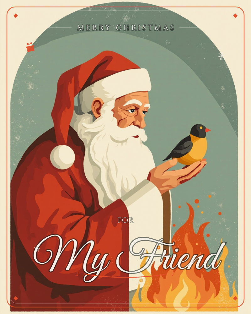 Santa Claus stands in profile within an arched frame, gazing gently at a small yellow and black bird perched on his open palm, a christmas e-card design