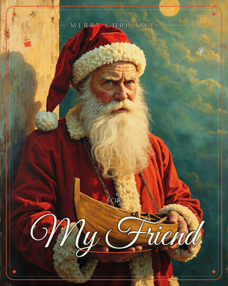 A portrait of a white-bearded man in a red fur-trimmed coat and cap, standing beside a weathered wall under a moonlit teal sky streaked with golden cloud, a christmas e-card design